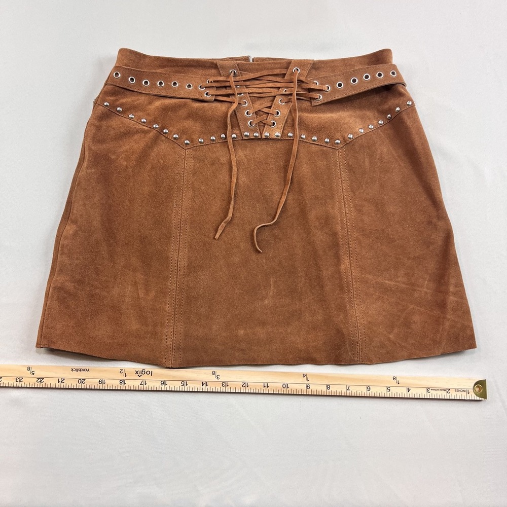 Muubaa 100% Suede Leather Mini Skirt Tan Western Boho Lace‎ Up Stud Detail Sz 10 - Picture 12 of 13